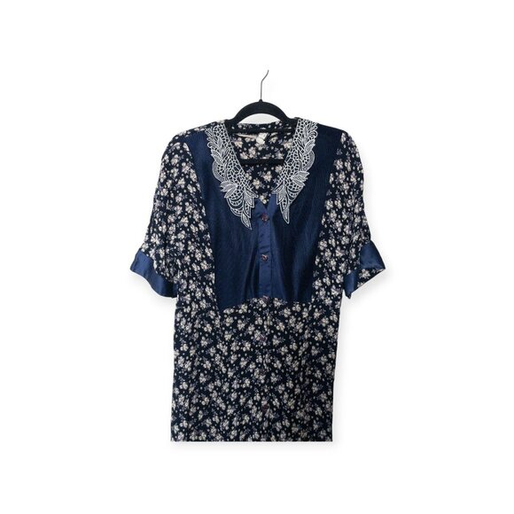 Vintage 80s GASPE Navy Floral Maxi Dress Lace Retro SZ M Cottage Core - Picture 3 of 11